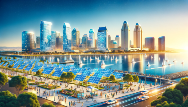 A futuristic San Diego cityscape with skyscrapers adorned with solar panels, a vibrant urban park, and solar-powered boats on the bay.