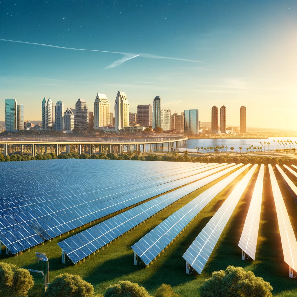 a modern solar farm in San Diego with rows of solar panels, the city skyline, and palm trees under a clear blue sky.